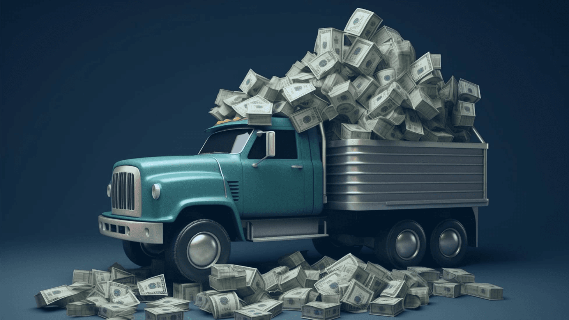 A truck piled high with bundles of banknotes, with more scattered on the ground around it.
