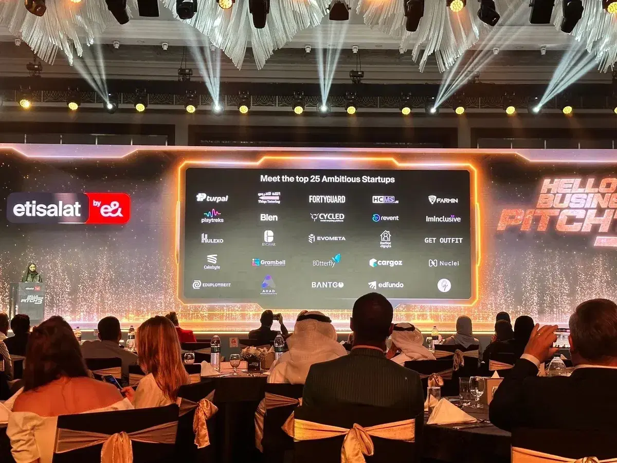 The Hello Business Pitch 3 stage, with the top 25 Ambitious Startups on the screen